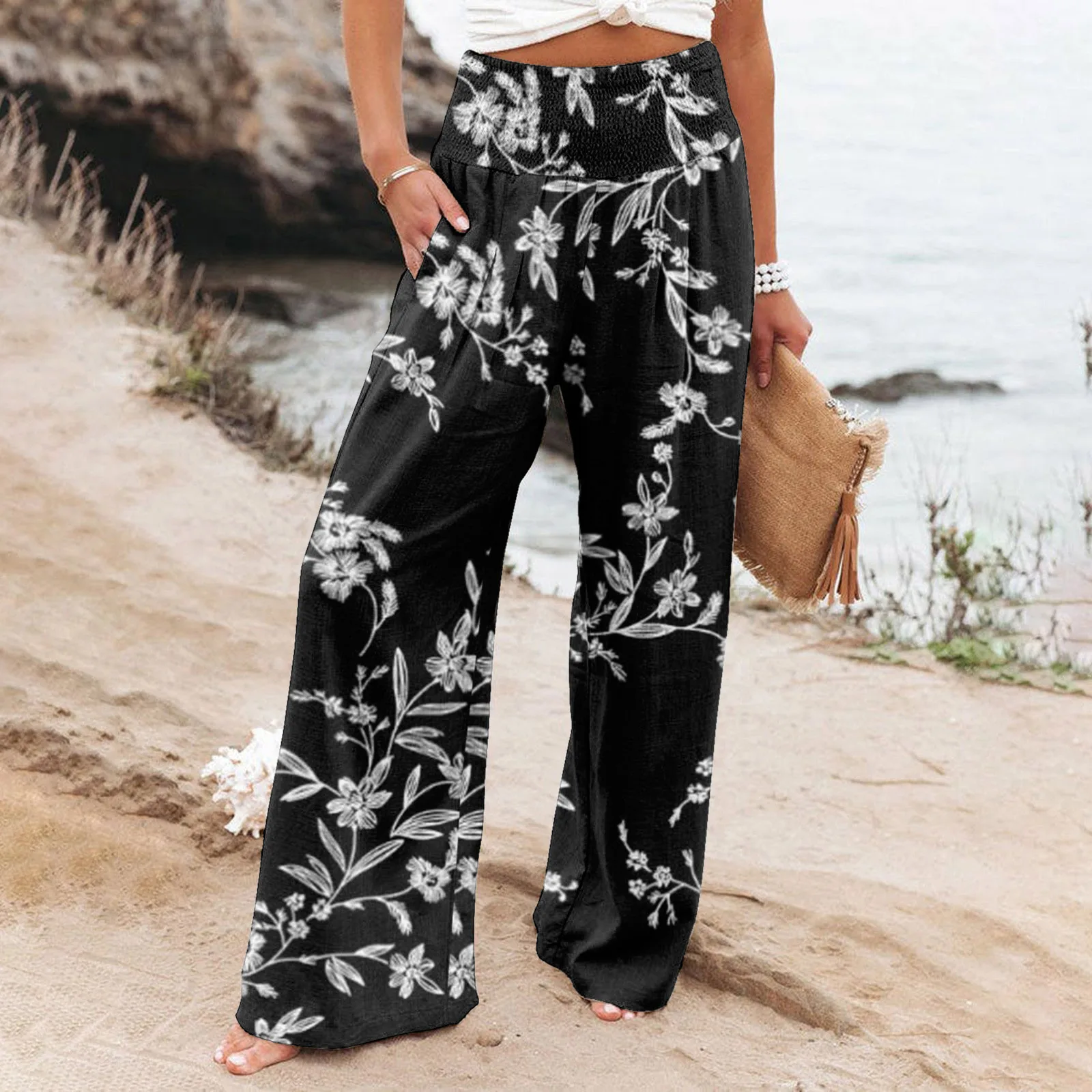 Wide Leg Floral Pants Woman Summer Elastic High Waisted Cotton Linen Palazzo Pants Long Lounge Pant Boho Trousers with Pockets