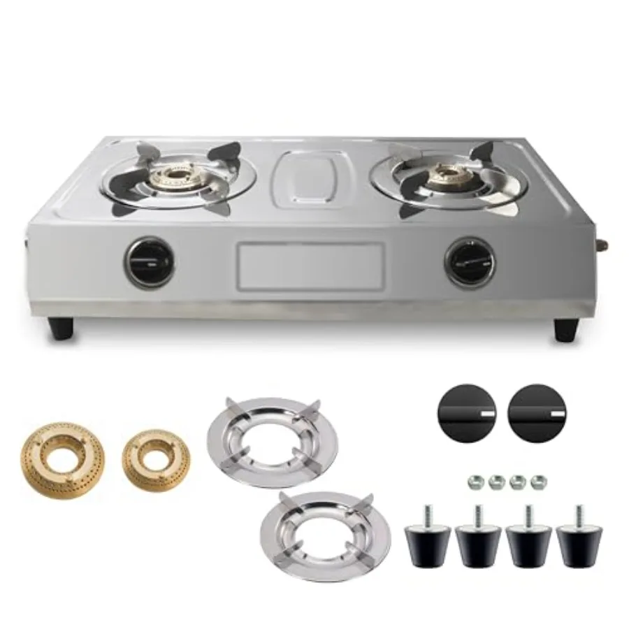2-Brenner-Herd im indischen Stil, Edelstahl, robust, Doppelbrenner, Gasherd, tragbares Propankochfeld mit Messingbrennern für Ou