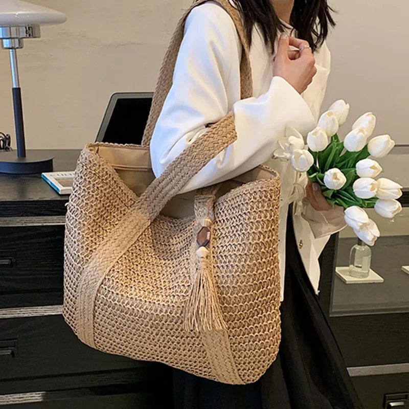 2023 Straw Braided Bag Hand-woven Simple Handbag Holiday Beach Shoulder Bag Casual Trend Women Large Capacity Tote Shopping Bags