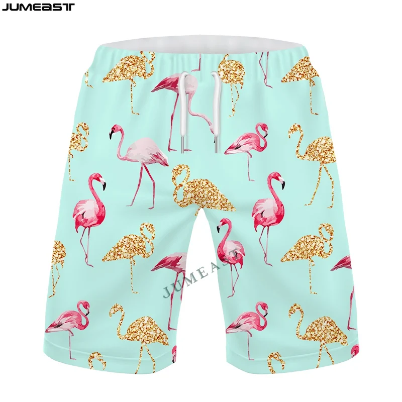 Jumeast Y2K Calções de praia de secagem rápida Troncos 3D Impresso Animal Flamingo Calça de moletom casual Homens Mulheres Calças curtas