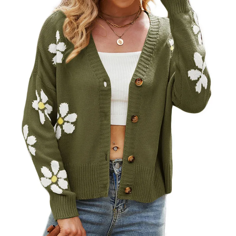 WPNAKS Women Loose Knit Sweater Autumn Winter Clothes Adults Button-down Flower Pattern Long Sleeve V-neck Cardigan Streetwear