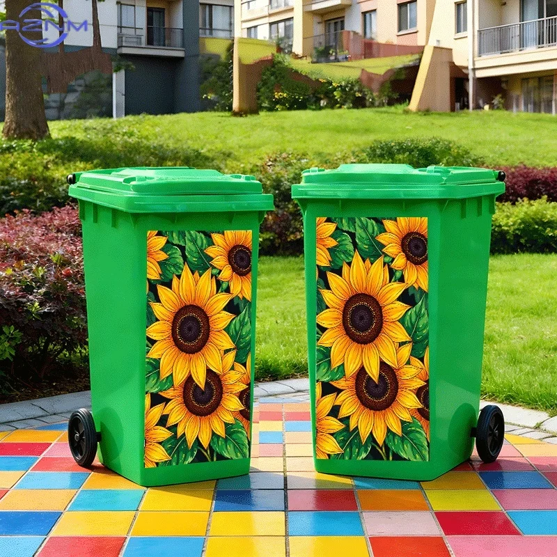 2D Flat Printing 1pc Trash Can Sticker, Sunflower and Green Leaves Theme Design, Self-Adhesive Wall Decal for Kitchen Trash Ca view 4