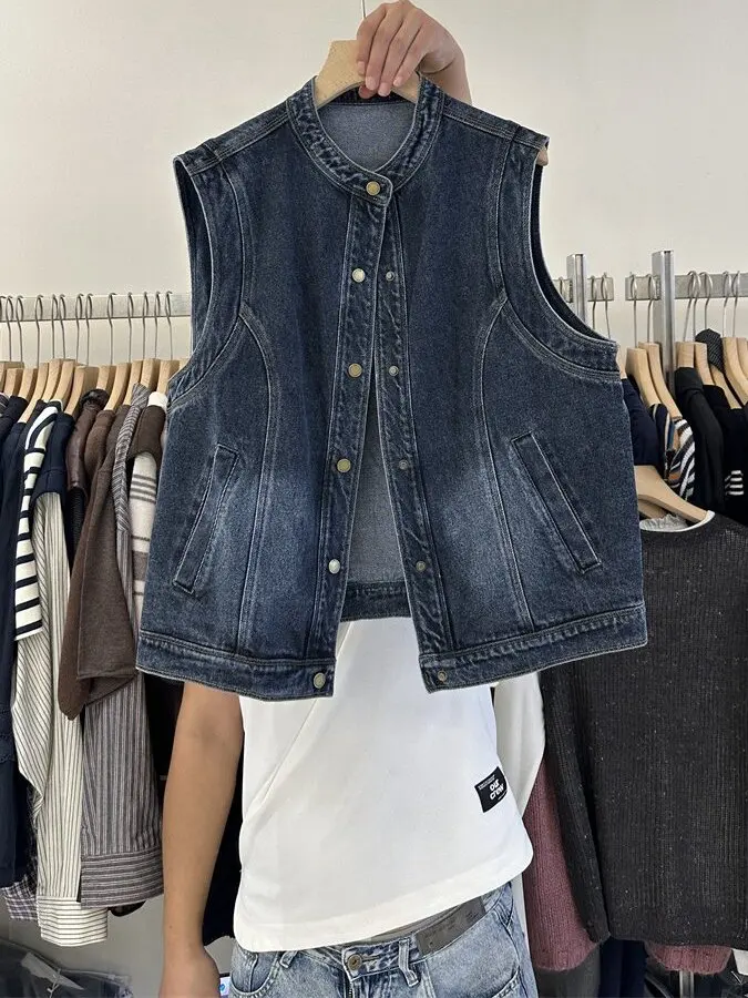 

plus Size 300 Pounds Vintage Stand Collar Denim Vest Women's Loose Outerwear Trendy Autumn Casual Pear Straight Fit