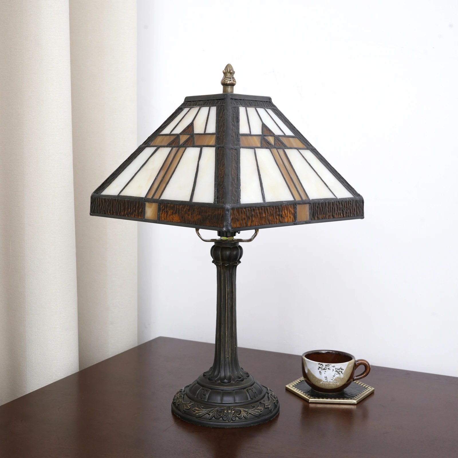 8 Inch Mission Style Stained Glass Lamp Table Lamp Antique Tabletop Tiffany Style Lamp for Study Office Bedroom Living Room