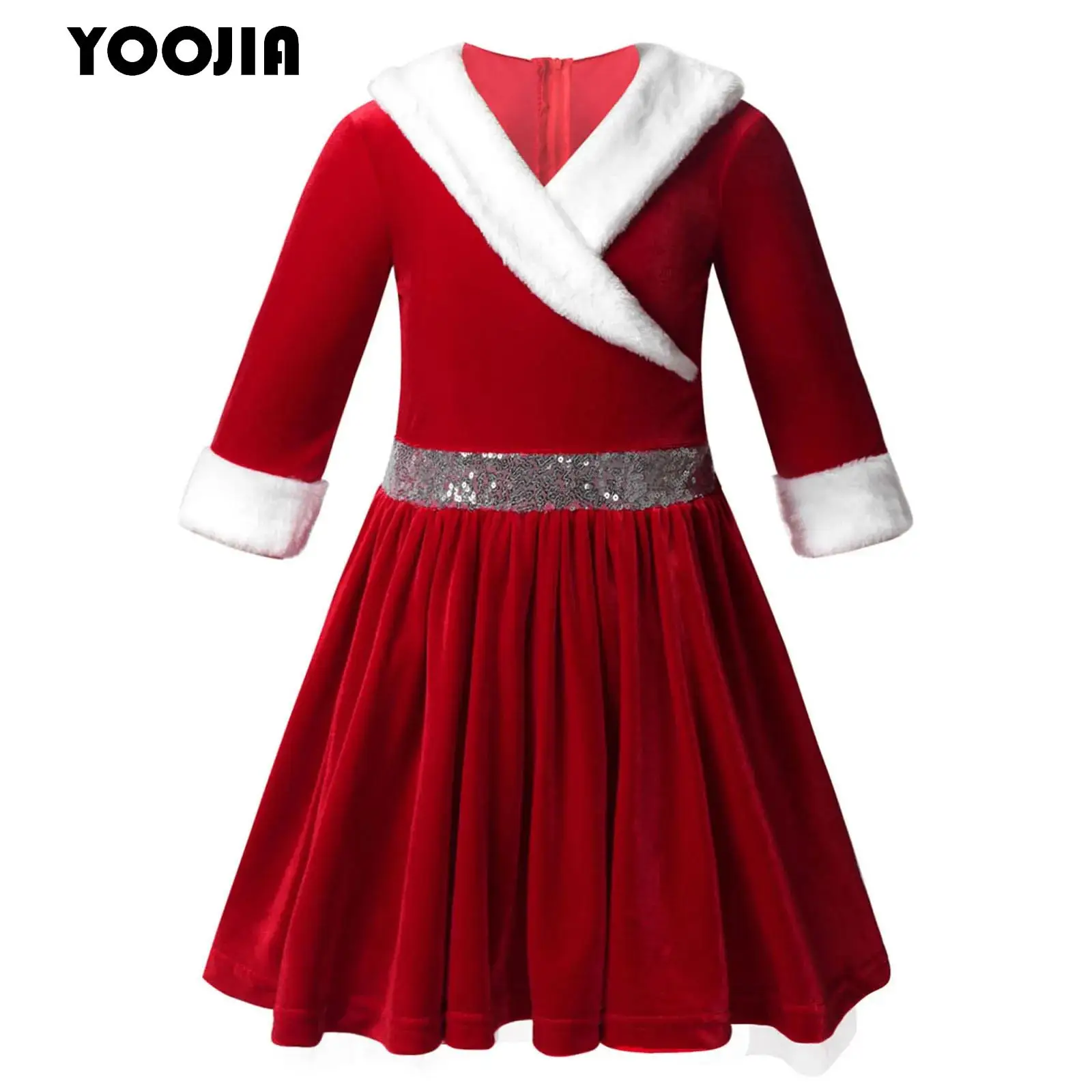 

Kids Girls Christmas Dance Costume Faux Fur Trimming Velvet Santa Sweetie Cosplay Dress Xmas Party Figure Skating Twirling Dress