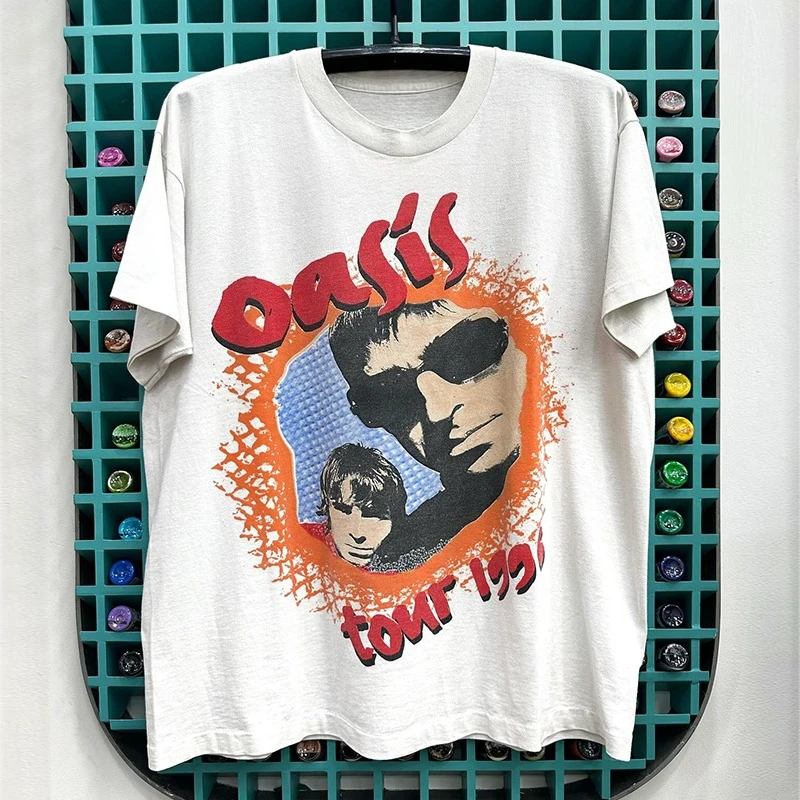 

Oasis Rock Band Ruffian Handsome Short Sleeve T-shirt Vibe High Street Portrait Heavy Cotton Design Sense Men Summer Half Sleeve
