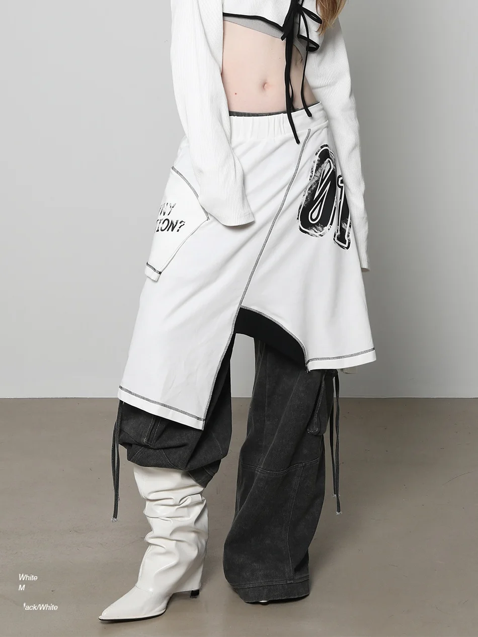 

Черно-белая асимметричная юбка-миди с принтом и элементами пэчворка, деконструированная, А-силуэт, из смесового хлопка и полиэстера