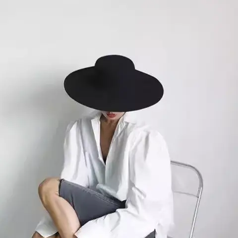 French Women's Hat Big Wide Brim 10CM Fedora Hat Winter Wool Derby Wedding Jazz Hats Flat Top Felt Hat