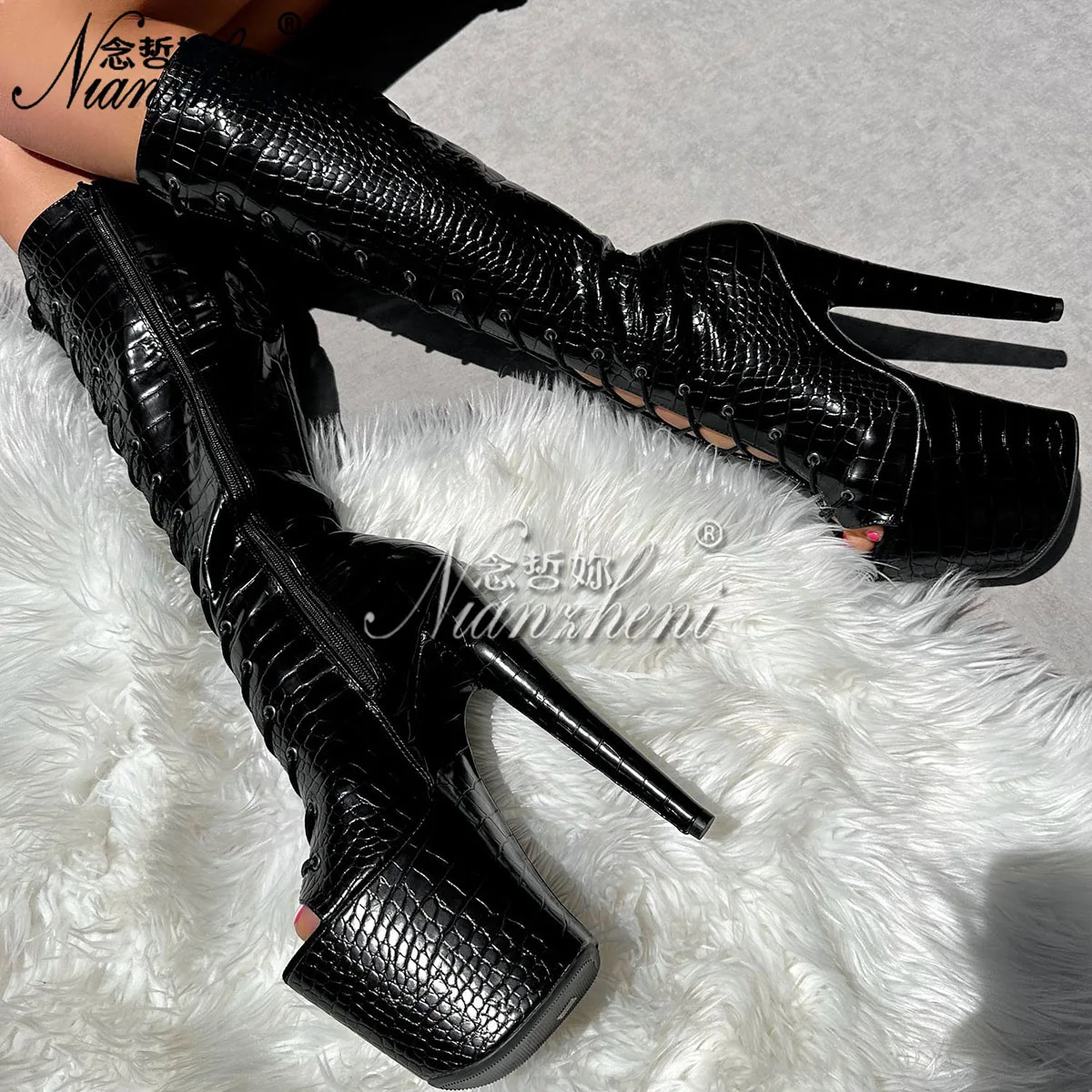 8Inch Red Women Shoes Knee High Boots Open Toe 20cm Heels Gothic Mid-Calf Thin Heels Crossdresser Pole Dance Nightclub Exotic