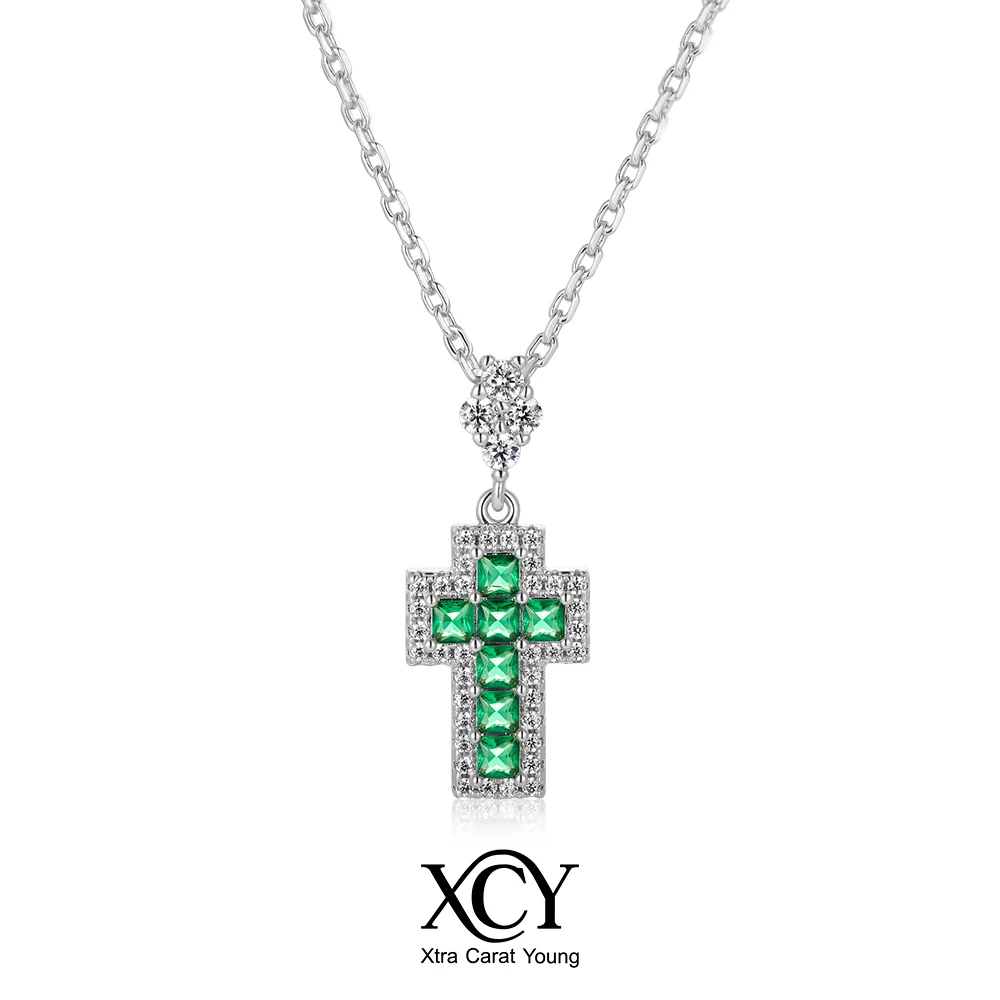 XCY Simulate Emerald Cross Pendant Necklace for Women Dainty Cubic Zirconia Religious Crucifix Necklaces Jewelry Gift for Her