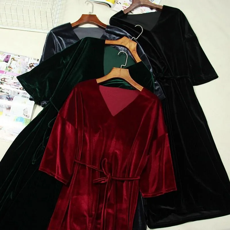 2024 Women Spring Autumn half Sleeve straight dress vintage Velvet V-Neck sashes edium Long dress Vestido  Women dress
