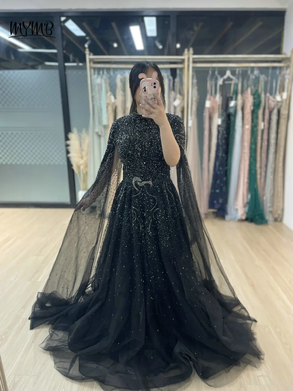 MYMB Exclusive High Neck Cape Sleeves Prom Party Dress Dubai Luxury Belt Beading A-Line Tulle Overlay Evening Gowns MB40029