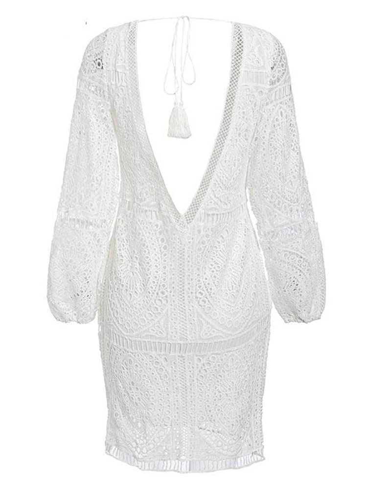 Vestido corto de encaje blanco para mujer, vestido playero bohemio de manga larga con escote en V profundo, elegante, a la moda, con cordones