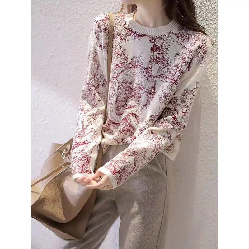 Autumn Winter Loose Casual Vintage Ink Jacquard Knitting Tops Women Fashion All-match Pullovers Female Long Sleeve Print Jumpers