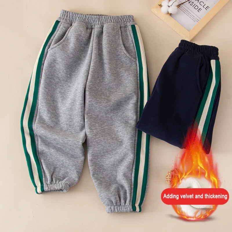 Children Sweatpants for Boys Girls Autumn Winter Thick Casual Pants Toddler Student Loose Sports Pants Side Stripe Kids Trousers