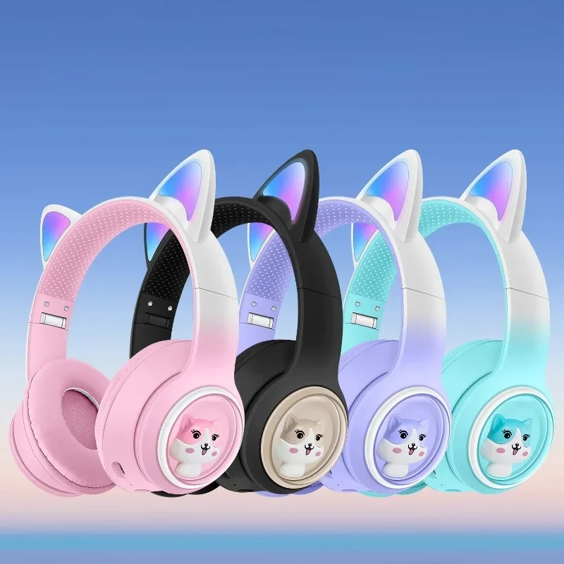 AKZ-02 Wireless Bluetooth Cute Cat Ear Gradient Color Headphones HD Mic RGB Lighting