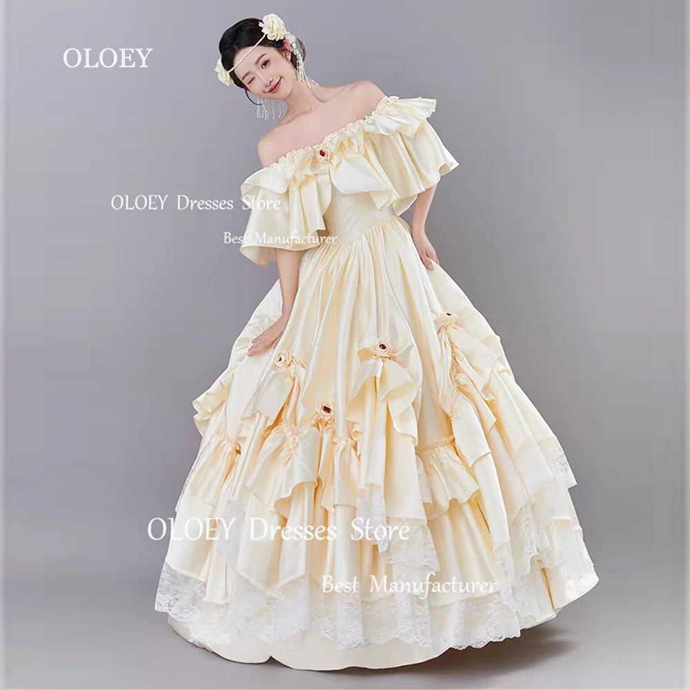 OLOEY Exquisite Off The Shoulder Quinceanera Dresses Photoshoot Prom Dresses Tiered Taffeta Crystal Lace Ruffles Evening Dresses