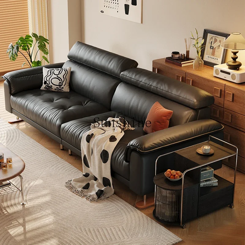 Medieval style first-floor cowhide living room small apartment three-person straight row high-footed sofa