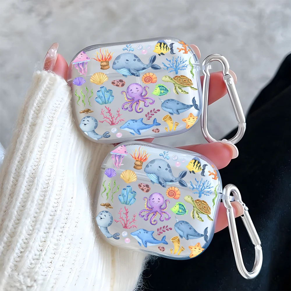 

Cute Marine Animals Pattern Clear Earphone Case for AirPods Pro 2/Pro3/Pro Earbuds Case For AirPods 4/3/2/1 TPU Protective Cover