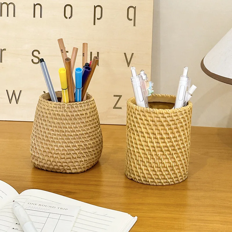 سلة مستديرة منسوجة متعددة الاستخدامات - للأقلام والزهور والتخزين