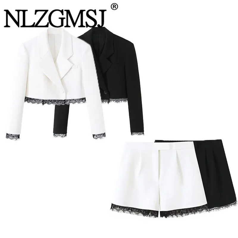 Nlzgmsj 2026 Spring Fashion Women Sets Lace Edge Decoration Long Sleeve Short Blazer Jacket +Shorts Suits