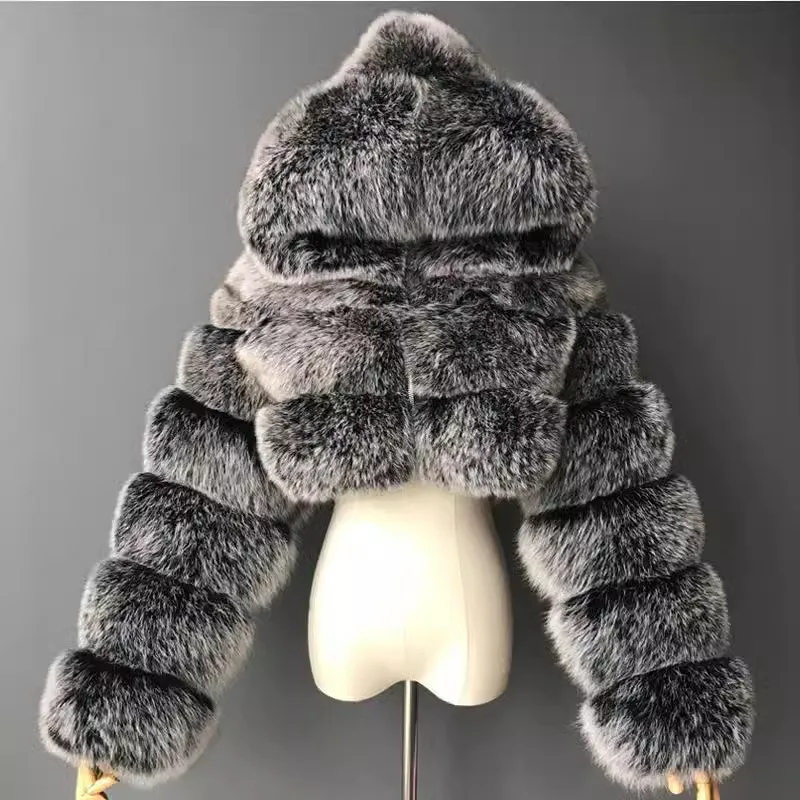 Damen kurze Jacke mit Hut Nachahmung Pelz jacke künstliche Nachahmung Fuchs Fell lang ärmel ige Patchwork Frauen Winter warmen Mantel