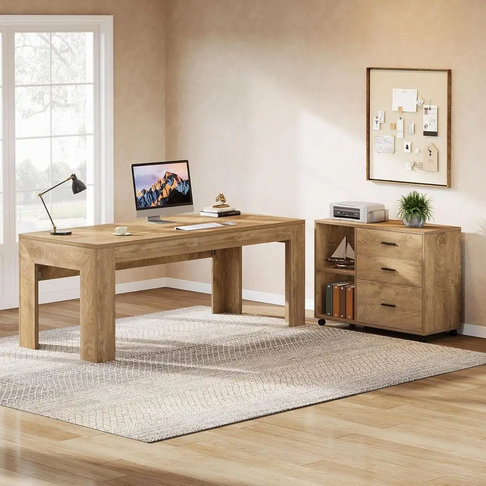 مكتب تنفيذي كبير على شكل حرف L مع مساحة تخزين، وخزانة ملفات متنقلة، وأرفف، مثالي للمنزل أو المكتب، بني