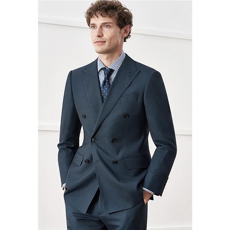 

ZX308Men's Bird's Eye Pattern Business Casual Suit Slim Fit Groom Wedding Dress New European Style Double Breasted Suit Set