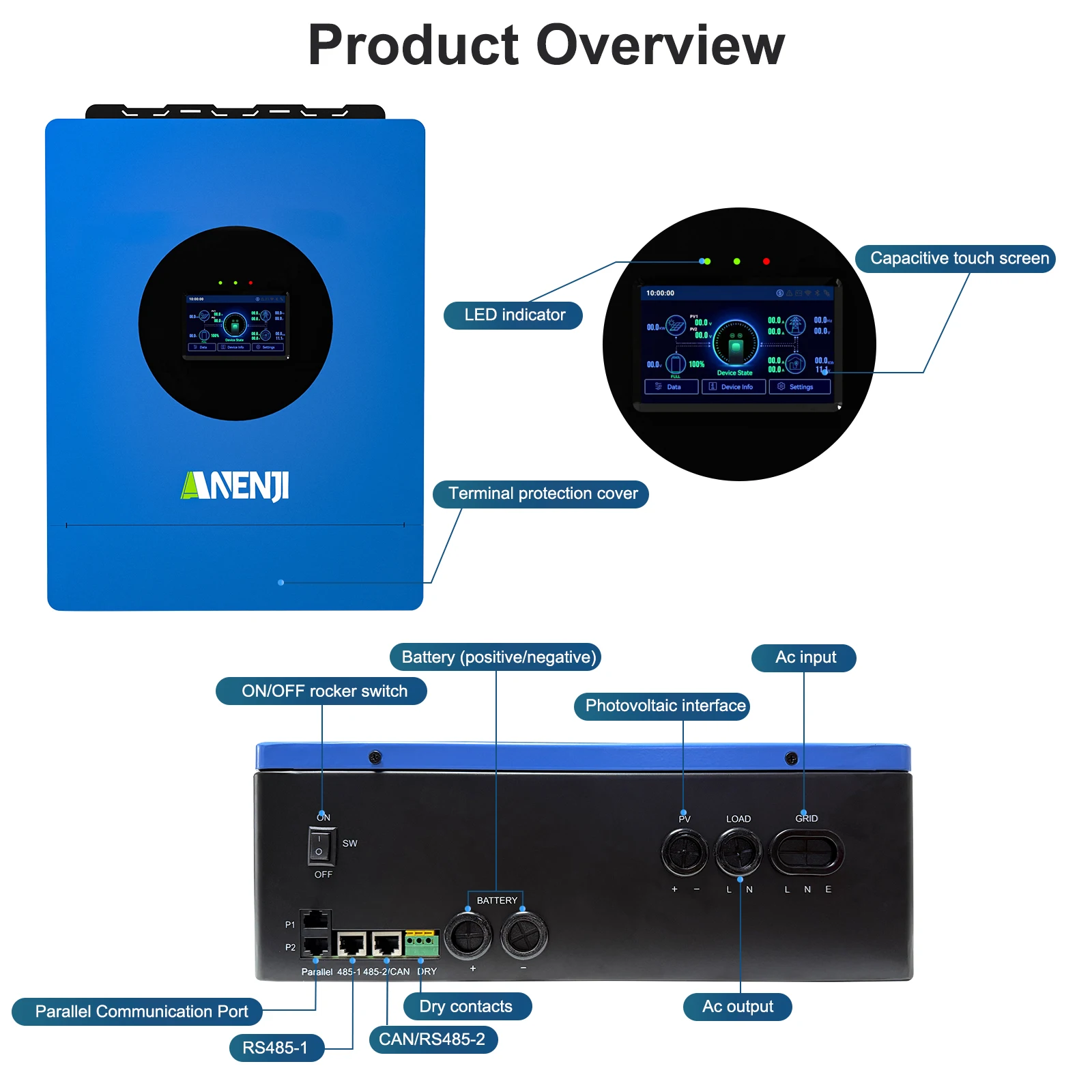 6KW 3KW 110V Hybrid Solar Inverter Off-Grid MPPT 80A 120A Pure Sine Wave Solar controller 120V Max PV 500VDC with WiFi Bluetooth