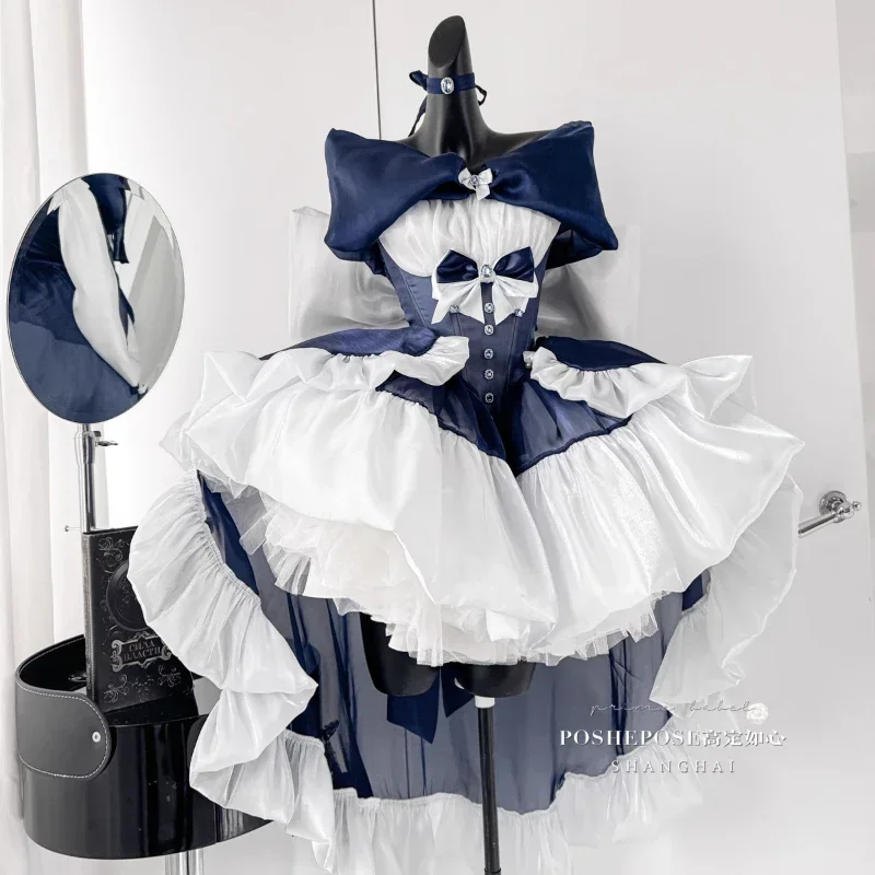 

Mujer Women's High Waist Slim Elegant Big Bow Trailing Off-Shoulder Dress Ladies Evening Dress Blue Lolita Princess Party Dress