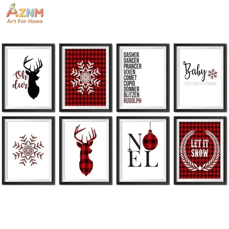 AZNM Red Buffalo Plaid Christmas Canvas Poster Reindeer Snowflake Noel Let It Snow Farmhouse Holiday Wall Decor, Unframed Canvas