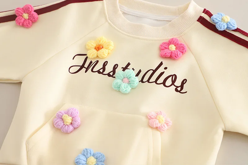 2-teiliger Trainingsanzug für kleine Mädchen, 3D-Sweatshirt mit buntem Blumendekor, Raglan-Sweatshirt, Seitenstreifen, Rüschenbündchen, Jogginghose, Kinder-Frühlingsset – Detail 6