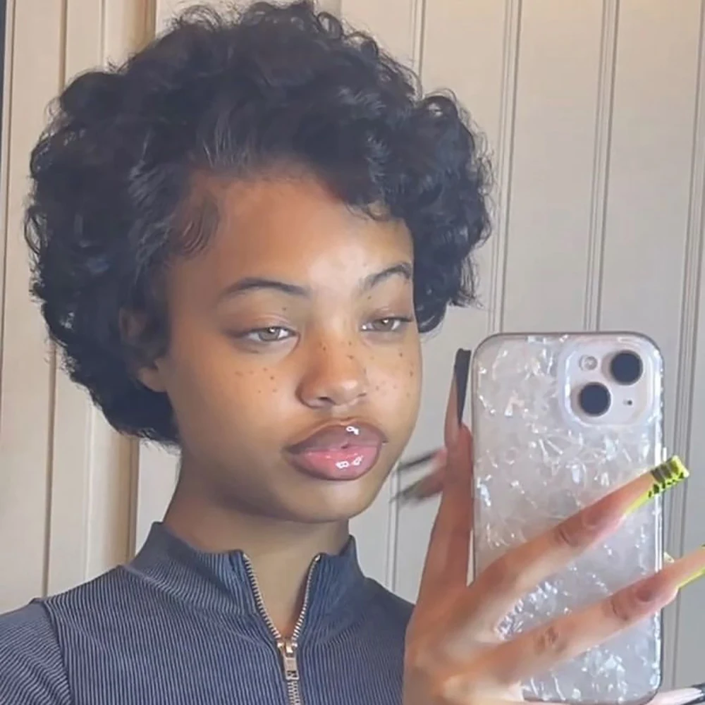 قصيرة عابث قطع شعر مستعار 13 × 1 الدانتيل الجبهة باروكة من شعر طبيعي تجعيد الشعر فضفاض للنساء السود البرازيلي شعر ريمي شعر بشري مجعد شعر مستعار غلويليس