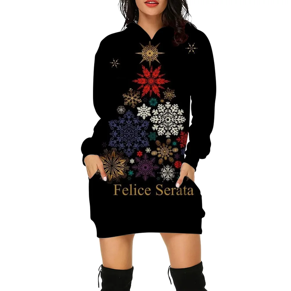 Felice Serata Women Hoodie Sweatshirt Multicolour Christmas Tree Print Women's Long Sleeve Autumn Hoodie Sweatshirt Dresses