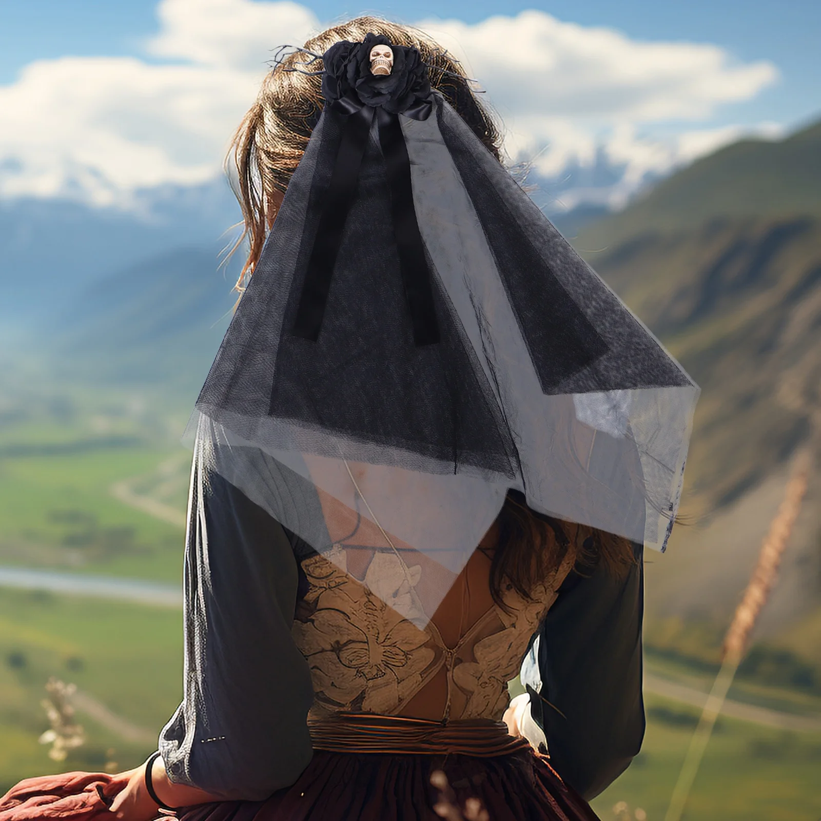 

2pcs Black Lace Veil Headpiece Gothic Style Women'S Halloween Ghost Bride Costume Accessory For Masquerade Party Cosplay Photo