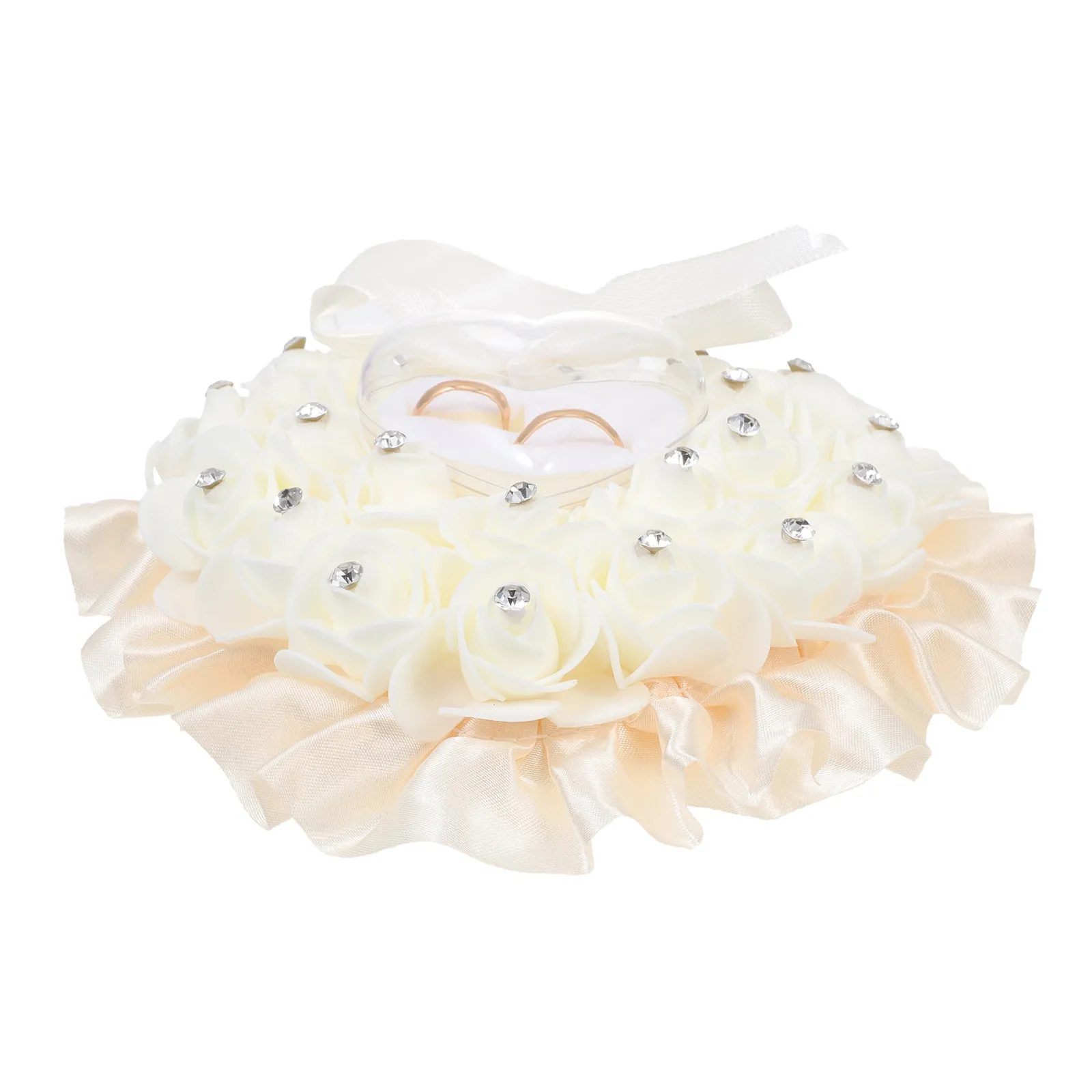 

Crystal Rhinestone Rose Wedding Ring Pillow Heart Shape Transparent Box Ring Cushion for Bridal Ceremony Party Home Decor