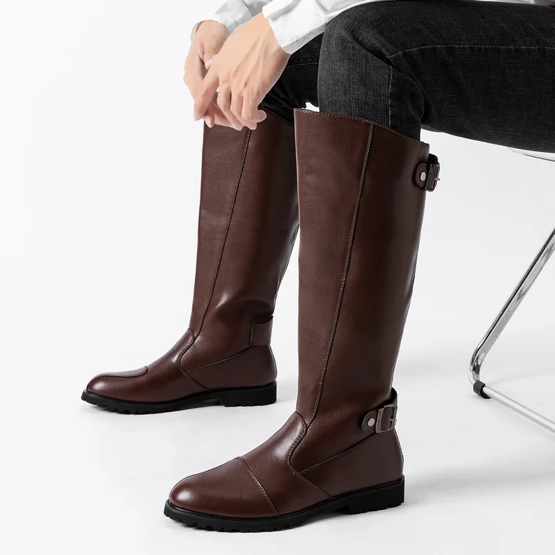 Plus Size 37-46 Vintage Gothic Leather Knee High Long Boots Men\'s Winter Shoes 2025 Square Heels Cowboy Riding Motorcycle Boots