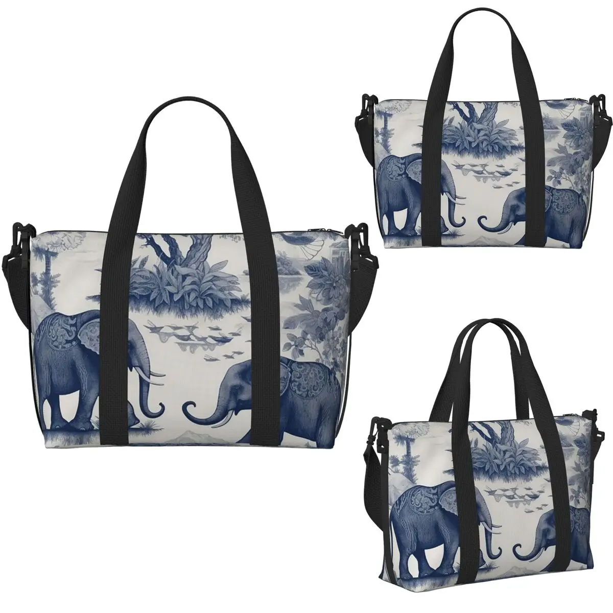 Toile De Jouy Elephants حقيبة سفر للشاطئ ذات سعة كبيرة لصالة الألعاب الرياضية واليوجا للنساء حقيبة كتف واق من المطر للتسوق