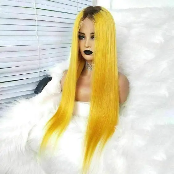 Long Dark Roots Yellow Straight Lace Front Wig T Part  Wigs Synthetic