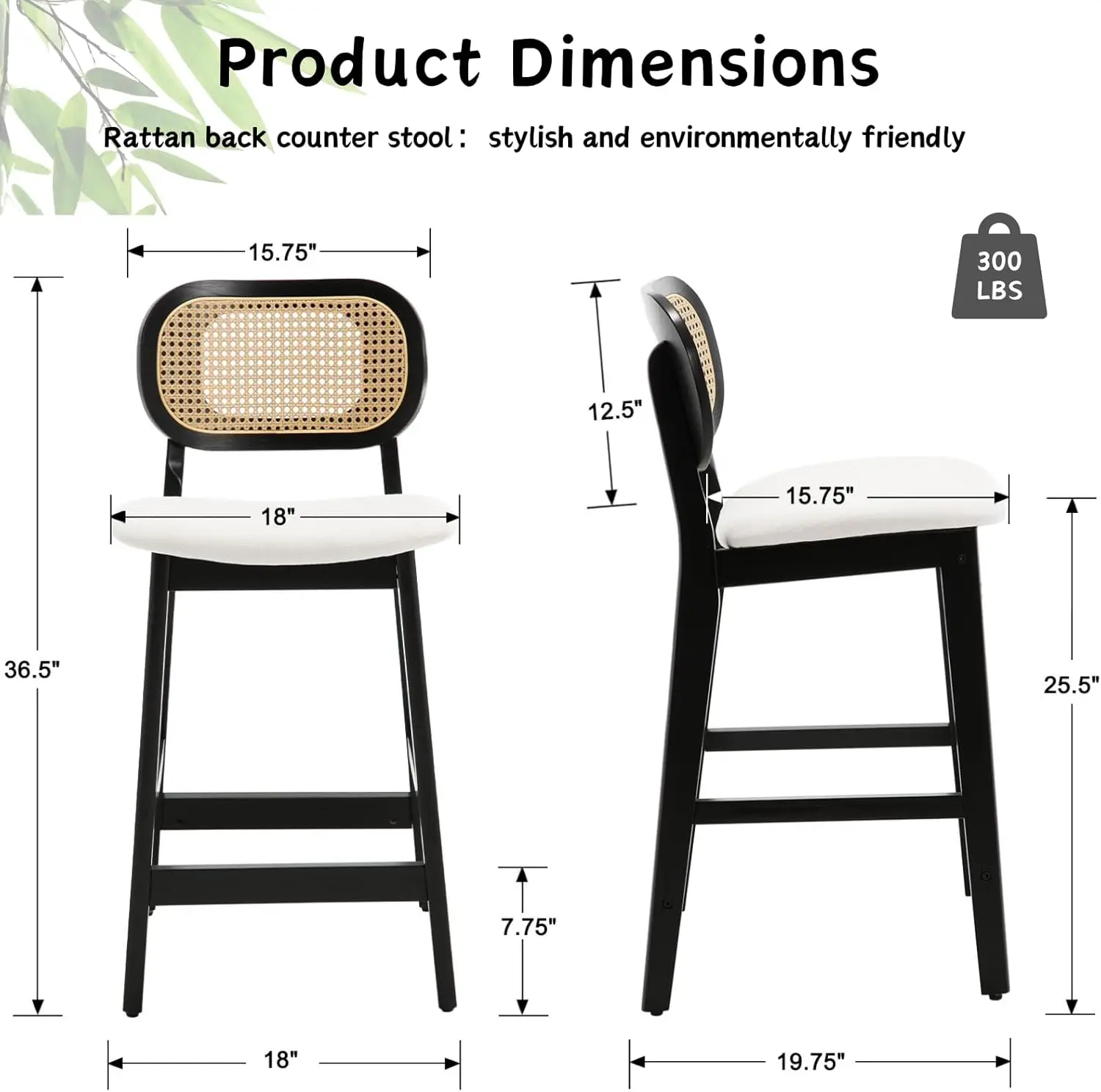 CIMOTA Rattan Bar Stools Set of 2, Farmhouse Wood Barstools Boho Kitchen Island Stools Comfortable Upholstered Counter。