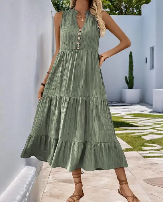 Summer Solid Color V-Neck Button Decoration Sleeveless Vest Dress for Women's Casual Loose Vacation Beach Style A-Line Dress