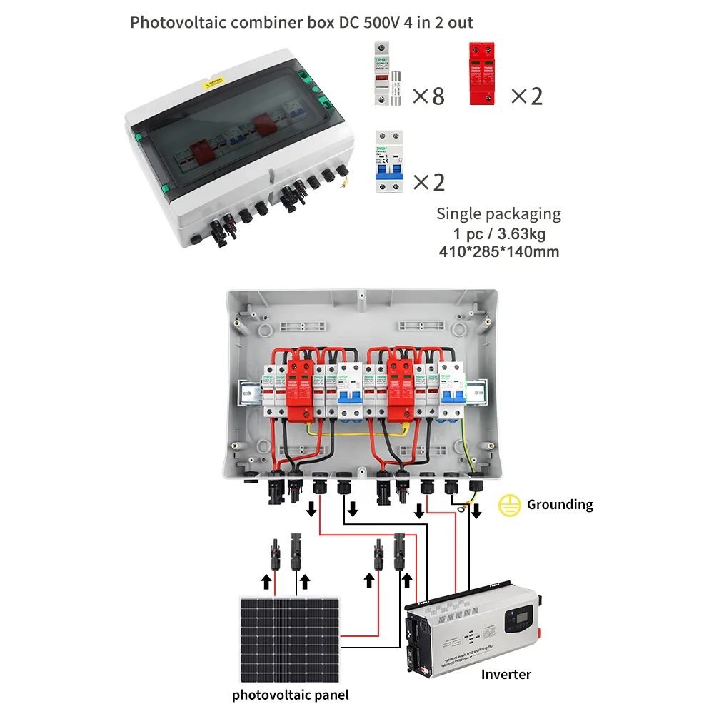 DIY GO 4 in 2 out DC 500V Solar Photovoltaic PV DC Combiner Box Surge Lightning Protection Fuse MCB SPD HT Waterproof Box IP65