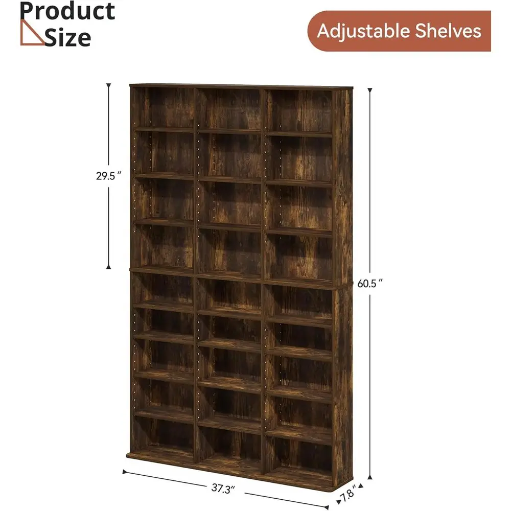 DVD Storage Tower with Adjustable Shelves, 9-Tier DVD Rack Tower or CDs, DVDs, Blu-Rays, Video Games, Rustic Brown Multimedia St