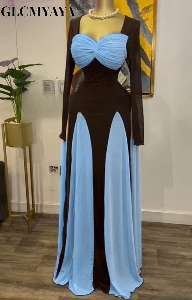 GLCMYAYA المرأة كم طويل ثنيات الجبهة ميدي ألف خط المرقعة ماكسي فستان طويل 2025 عطلة عطلة فساتين حفلة عيد ميلاد