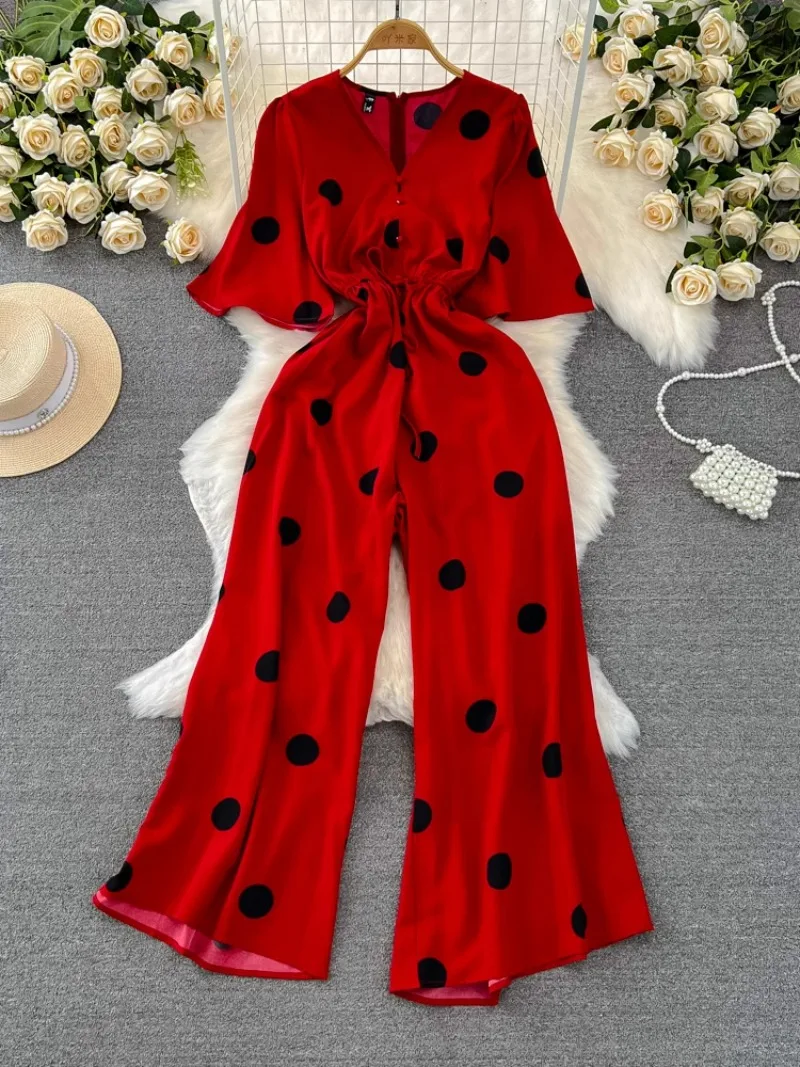 V Neck Polka Dot Print Wide Leg Pant Romper Chic Slim High Grade Chiffon Jumpsuit Summer Vintage Monos Mujer Elegante Bodysuit