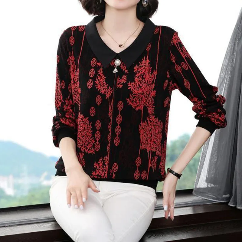 Spring Fashion Contrasting Colors Printing T-shirt Women\'s Clothing Long Sleeve Vintage Turn-down Collar Beading Tops Female