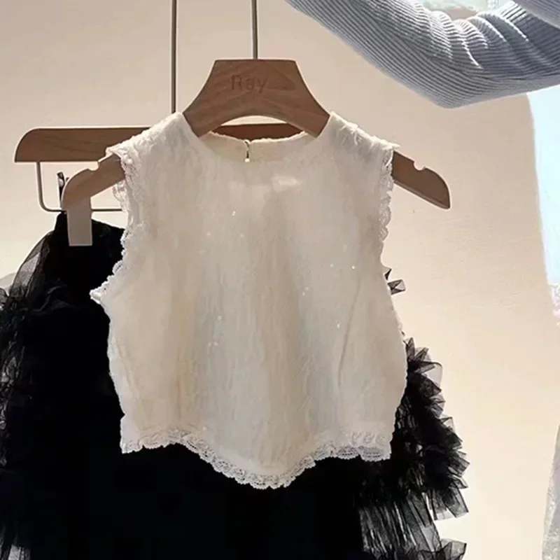 

New Lace Flower Edge Vest Tops Mesh Yarn Tide Princess Half Length Skirt Tide 2025 Simple Fashion Skirts Sweet Girls Korean