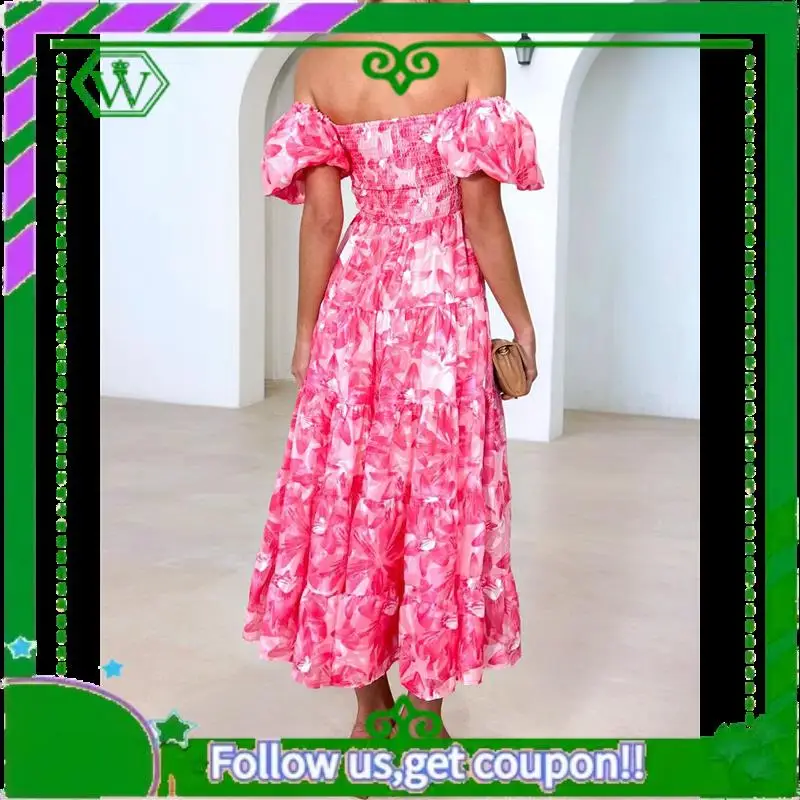 A18P-Women's Summer Casual Midi Dress Puffy Short Sleeve Square Neck Smocked Tiered Ruffle Dresses