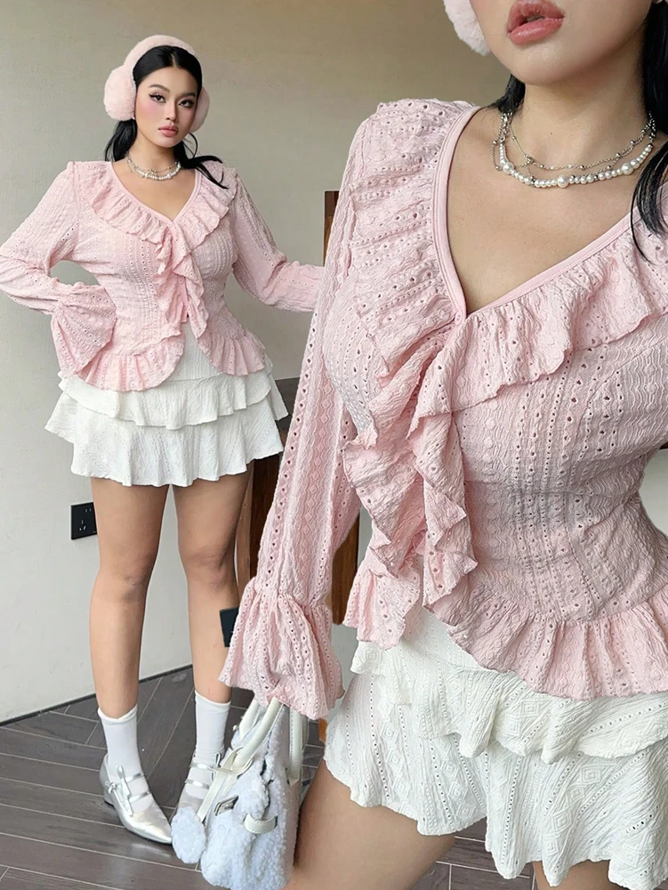 Plus Size Womens Elegant French Ruffle Flared Sleeve Women's Blouse Pink V-Neck Bubble Sleeve Sweetheart