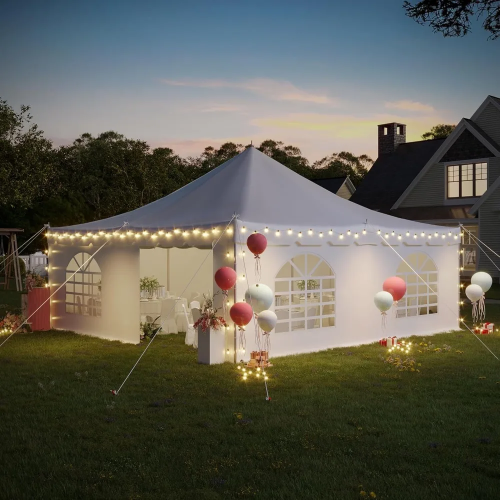 

20x20ft Pole Party Tent with Sidewalls and Doors, Heavy Duty Outdoor Canopy with Carry Bags, Large White Event Tent for 62 Peop